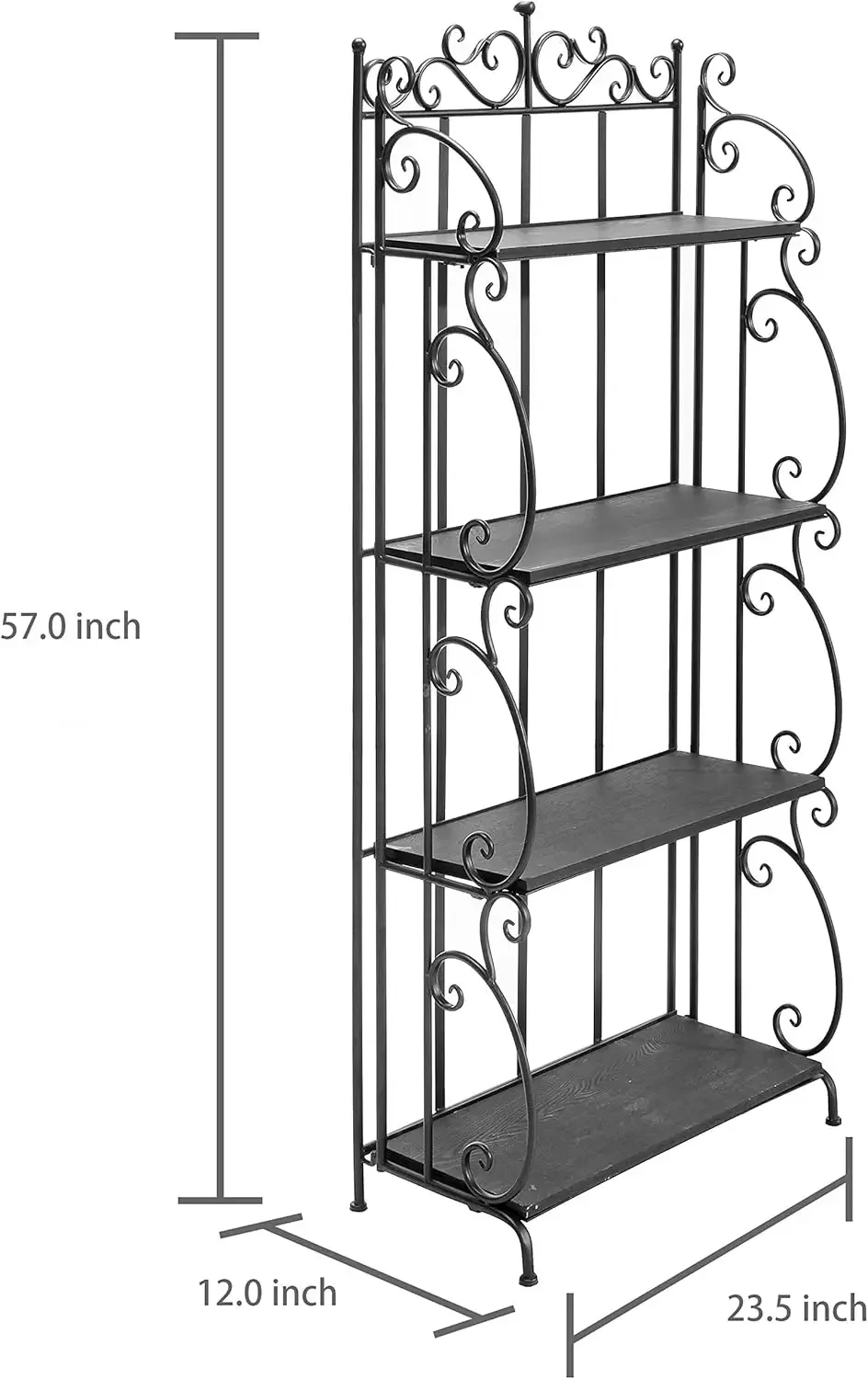 Black Metal Freestanding Shelf Rack, Decorative Bakers Rack Bookshelf Storage Shelf Unit with Metal Scrollwork Frame