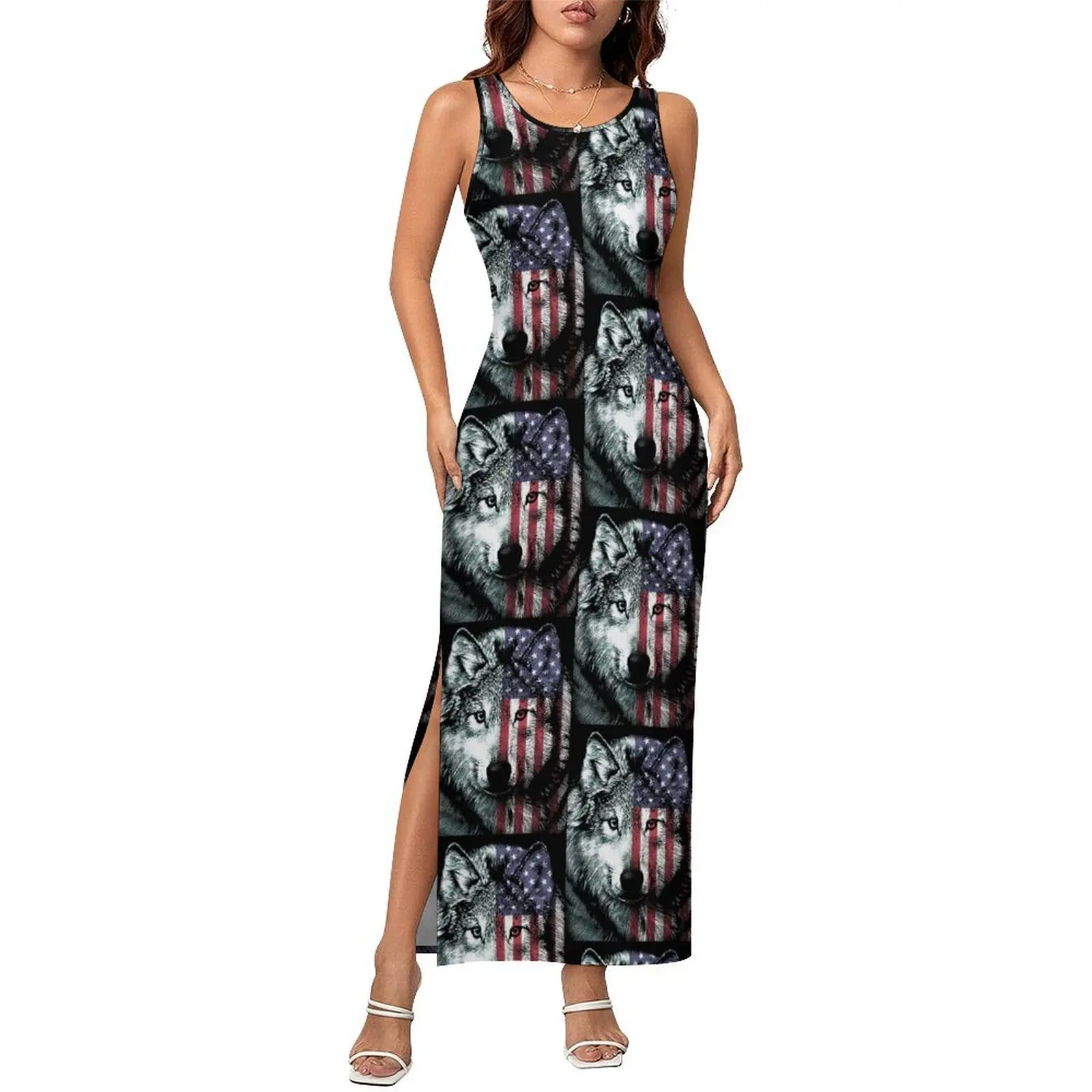 American Wolf Dress Sleeveless Funny Animal Print Korean Fashion Maxi Dresses Cute Bodycon Dress Women Pattern Oversize Clothes