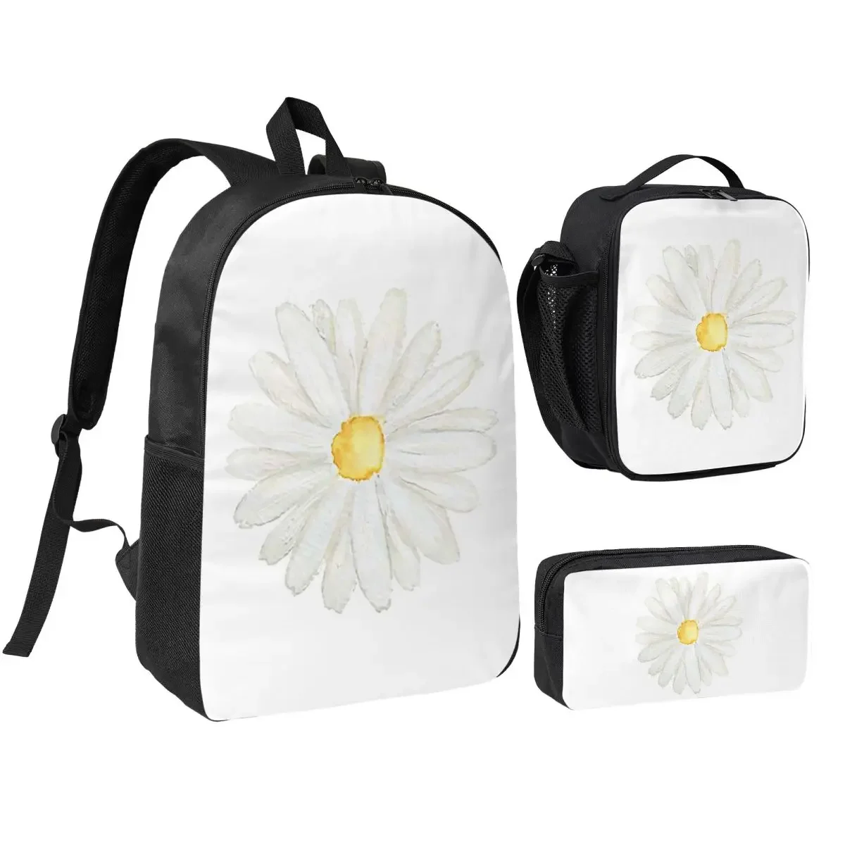 Hand Painted One Little White Daisy Backpack BookBag School Bag Computer Shoulder Bags 3ps Insulated Lunch Bag Pencil Case