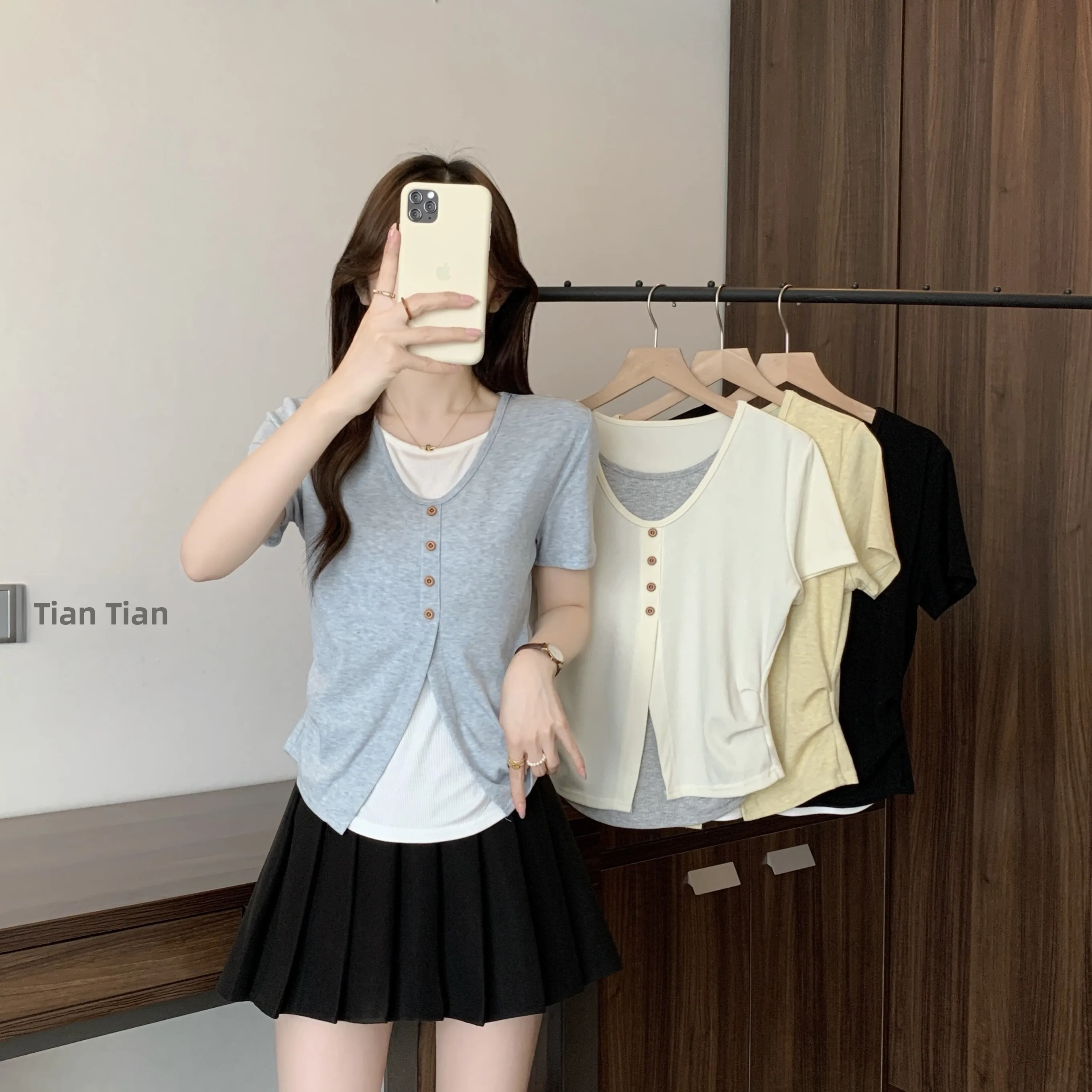

plus Size Women's Summer T-irt ort Sve Color Blo Waist Cinched Versatile Top Asymmetrical Korean Sle Commute Faion