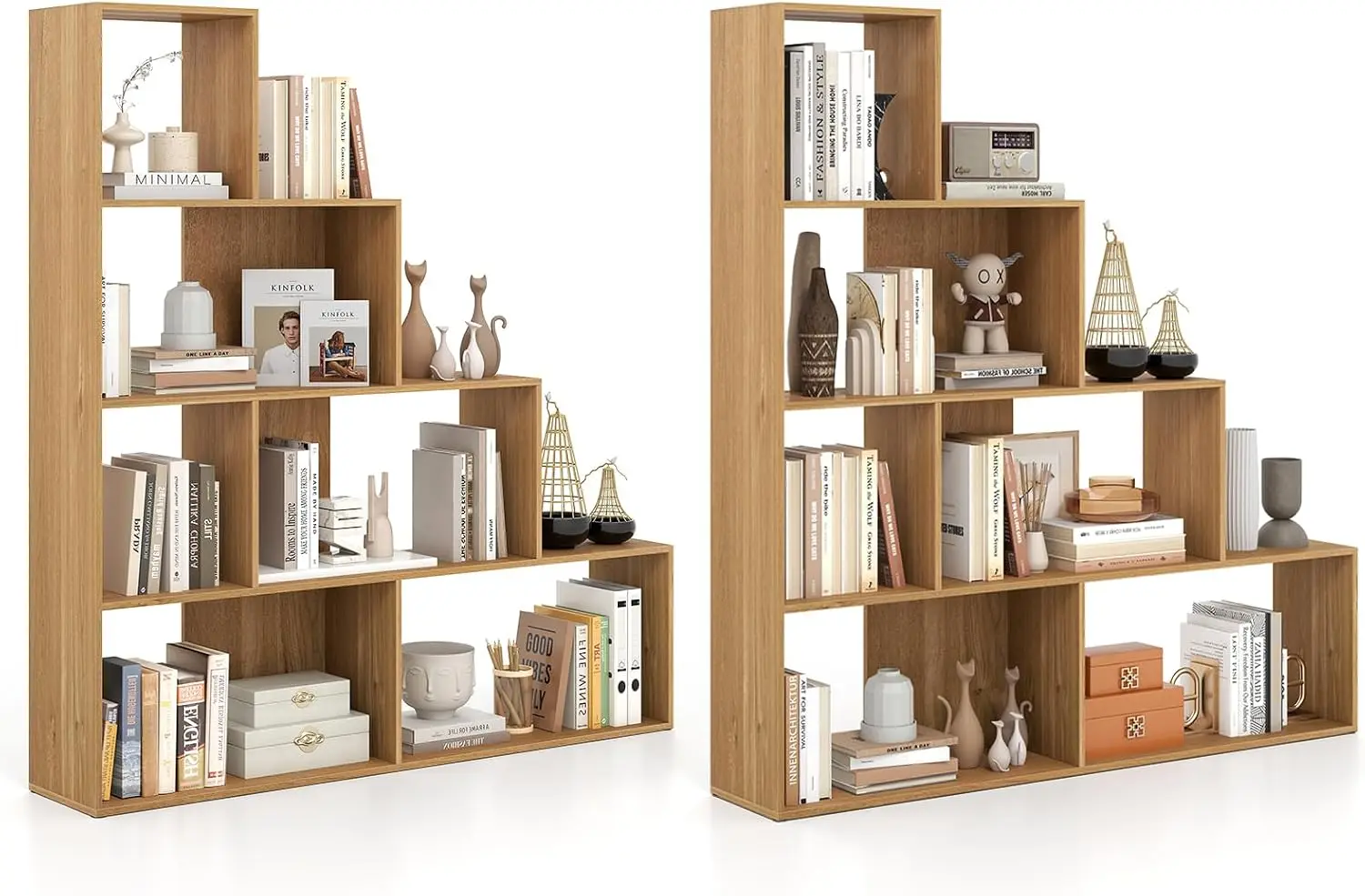 4-Tier Stepped Bookshelf, Freestanding 6 Cubes Ladder Bookcase with Anti-Tipping Hardware, 64 Inch Tall Wooden Storage Display Rack for Living Room Home Office Study, Natural Finish