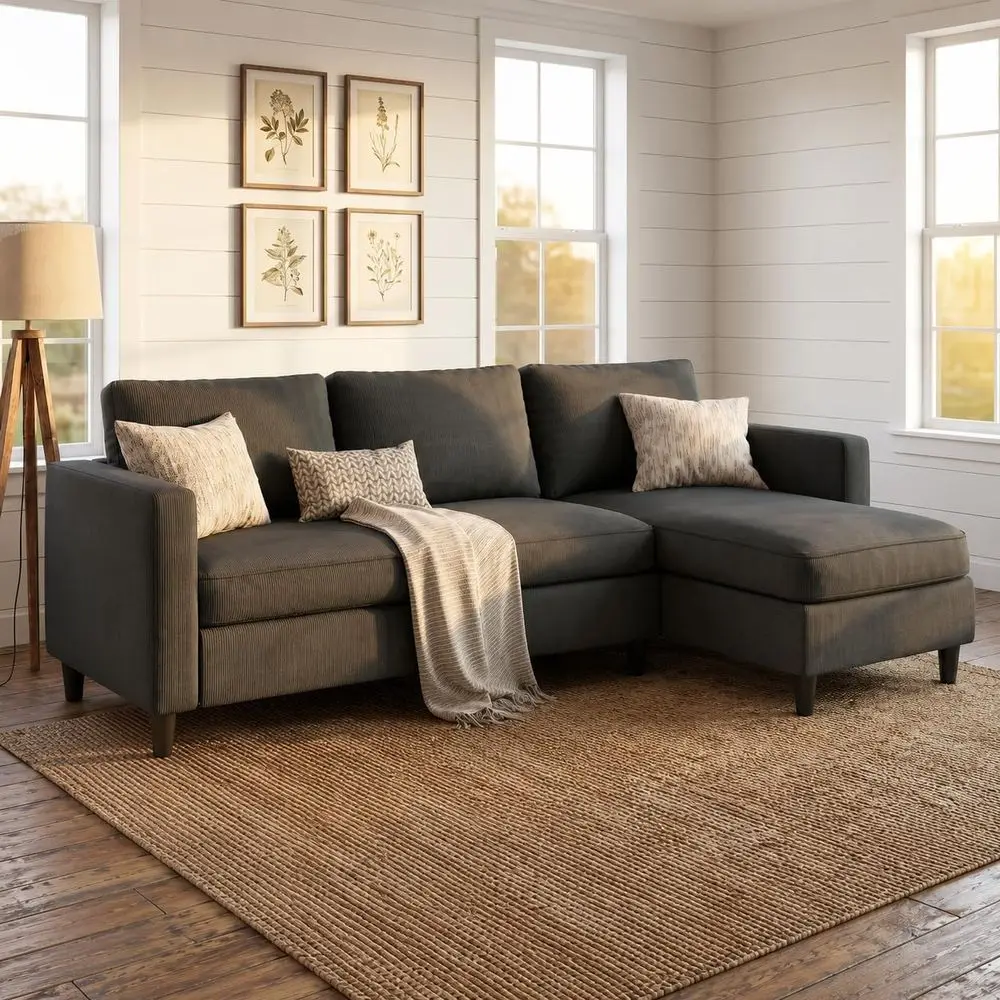 

L-Shaped Sectional Couch, ern Grey Reversible Sectional Soa with Reversible Ottoman, 3-Seat Compact Couches or Living Room Apare