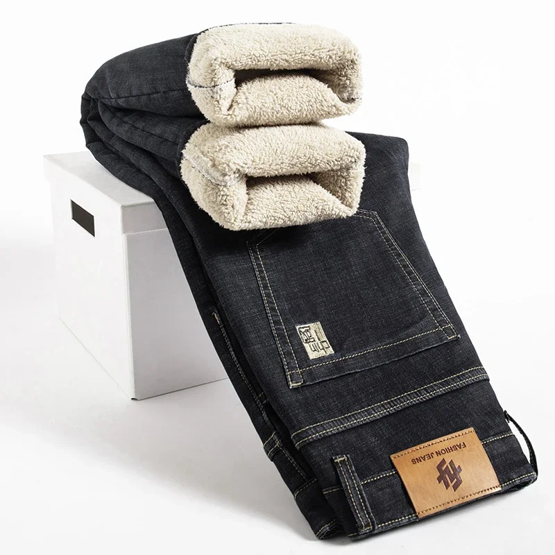 Winter Fleece Lined Warm Slim Lamb Fluff Denim Straight Pants Men Thicken Big Jeans High Waist Stretch Jeansy