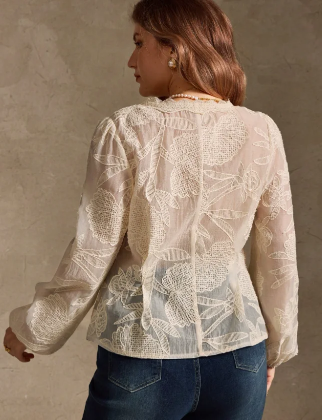 Plus Size Women's V-Neck Wavy Lace Shirt Pearl Button Puff Long Sleeve Sheer Top 5