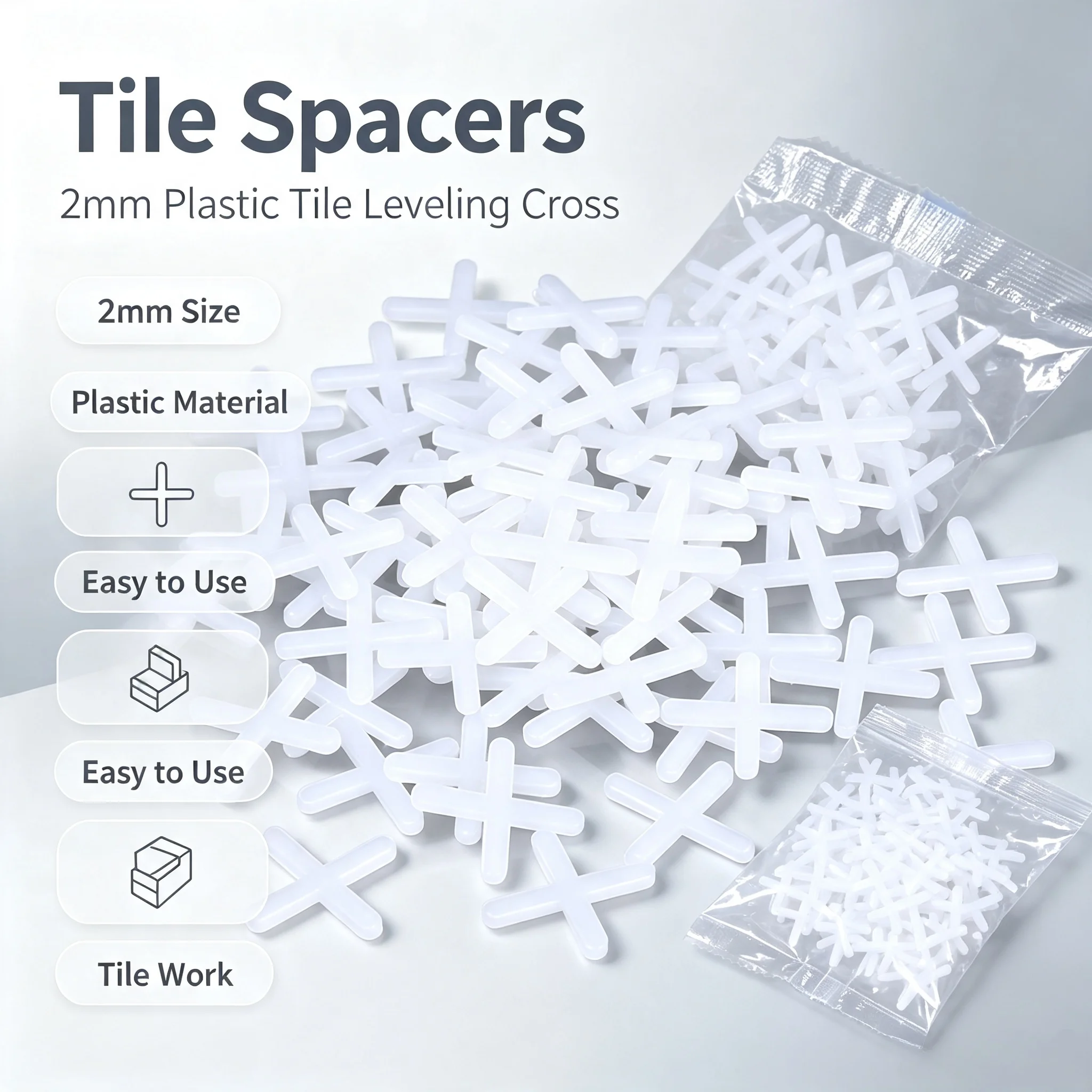 100pcs 2MM Ceramic Tile Spacer Cross Plastic Leveling System Reusable Construction Tools for Tile Installation Plumber Supplies