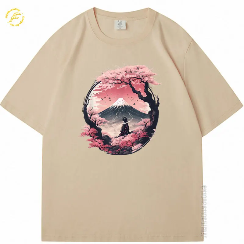 

2025 100% Cotton Man Tshirt Mount Fuji Cherry Blossoms Geisha Japanese Garden Japan Art Oversized T-Shirt 반팔 Топ Ropa Harajuku