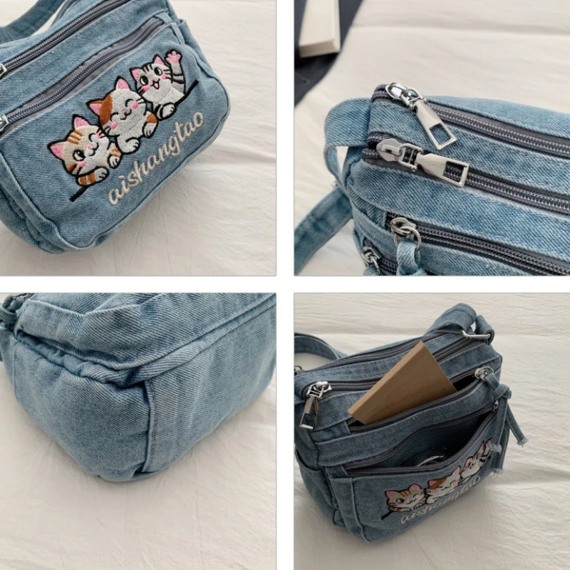 Cute Korean Style Embroidered Cat Crossbody Bag Washed Denim Phone Bag for Women Daily Styling Casual Minimalist Shoulder Bag - view 4