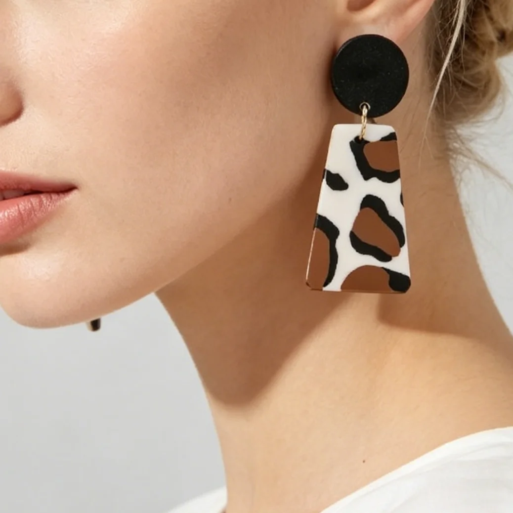 Leopard Print Polymer Clay Earrings for Girls Braided Geometric Dangle Jewelry with Metallic Texture Casual Wear for Parties