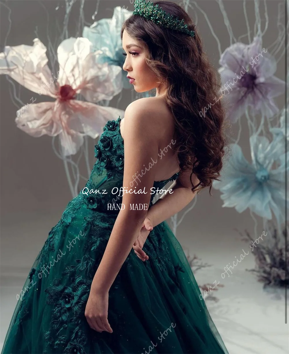 Qanz Elegant Princess Evening Dress Emerald Green Tulle 3D Handmade Flowers Prom Dresses Long A Line Party Gown Customized