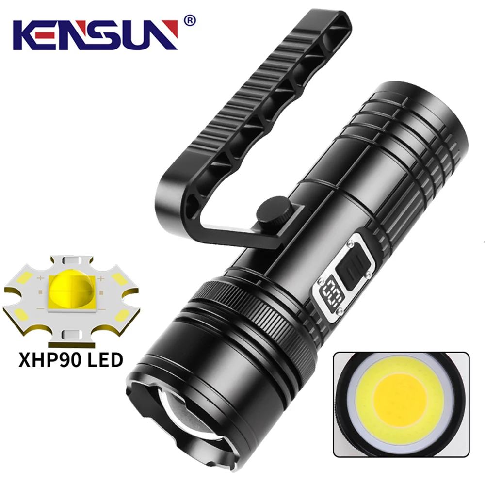 High Power LED Flashlight Strong Light Torch XHP90+COB Multi-light Source Lantern USB Rechargeable Portable Detachable Lamp