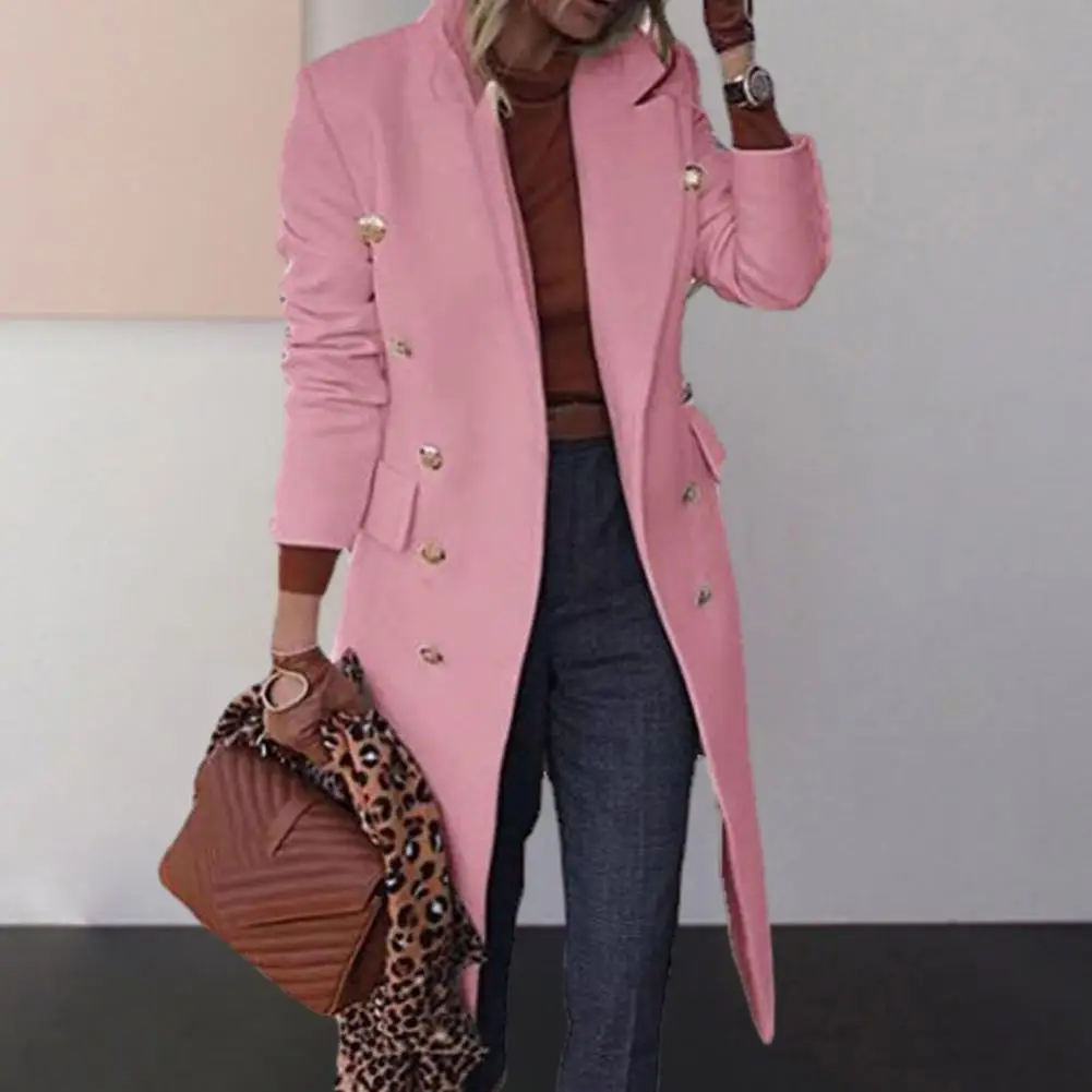 Casaco de lã feminino na altura do joelho com bolsos trespassado, casaco elegante com lapela, streetwear outono e inverno