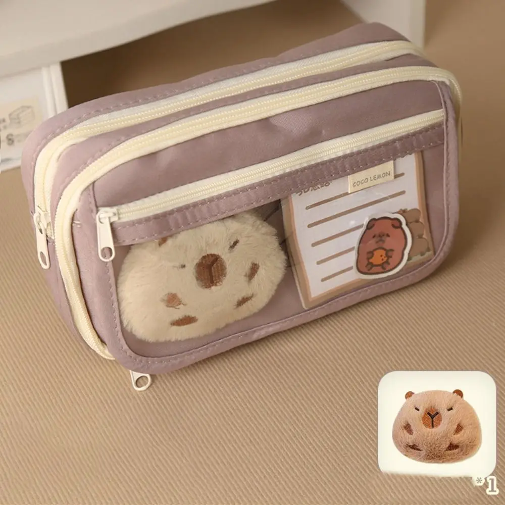 Large Capacity Pencil Bag Capybara Cartoon Stationery Holder Bag With Brooches Stickers Clips Keychains Children Pen Case