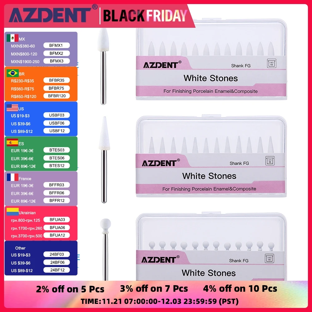 AZDENT12pcs/pack Dental Flame Cone Round White Stone Polisher FG Burs for Polishing Dental Clinic Metal Resin Porcelain