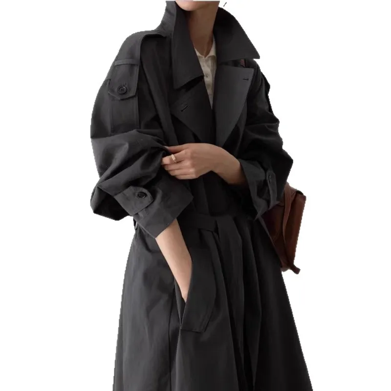 

SuperAen серый плащ для женщин, осень 2024, новые офисные женские двубортные модные пальто с отложным воротником на шнуровке