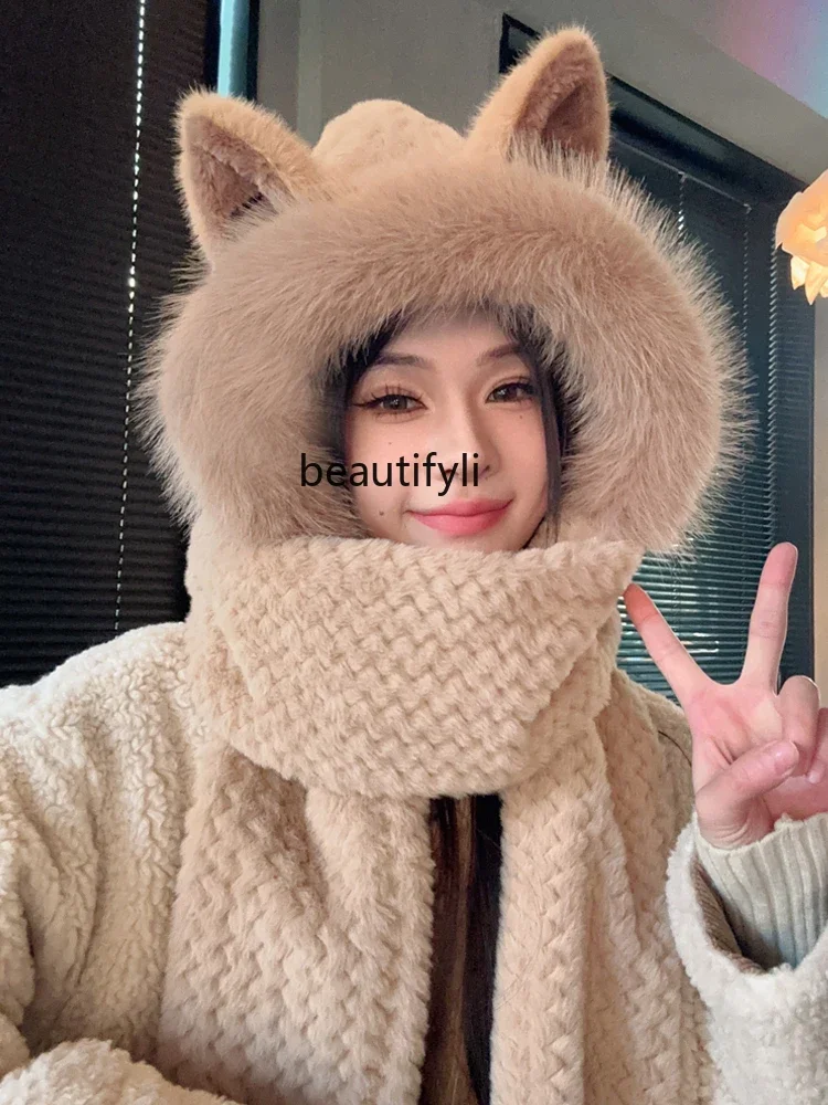 Fox ears hat women's scarf integrated autumn and winter northeast cold and warm scarf three-piece set