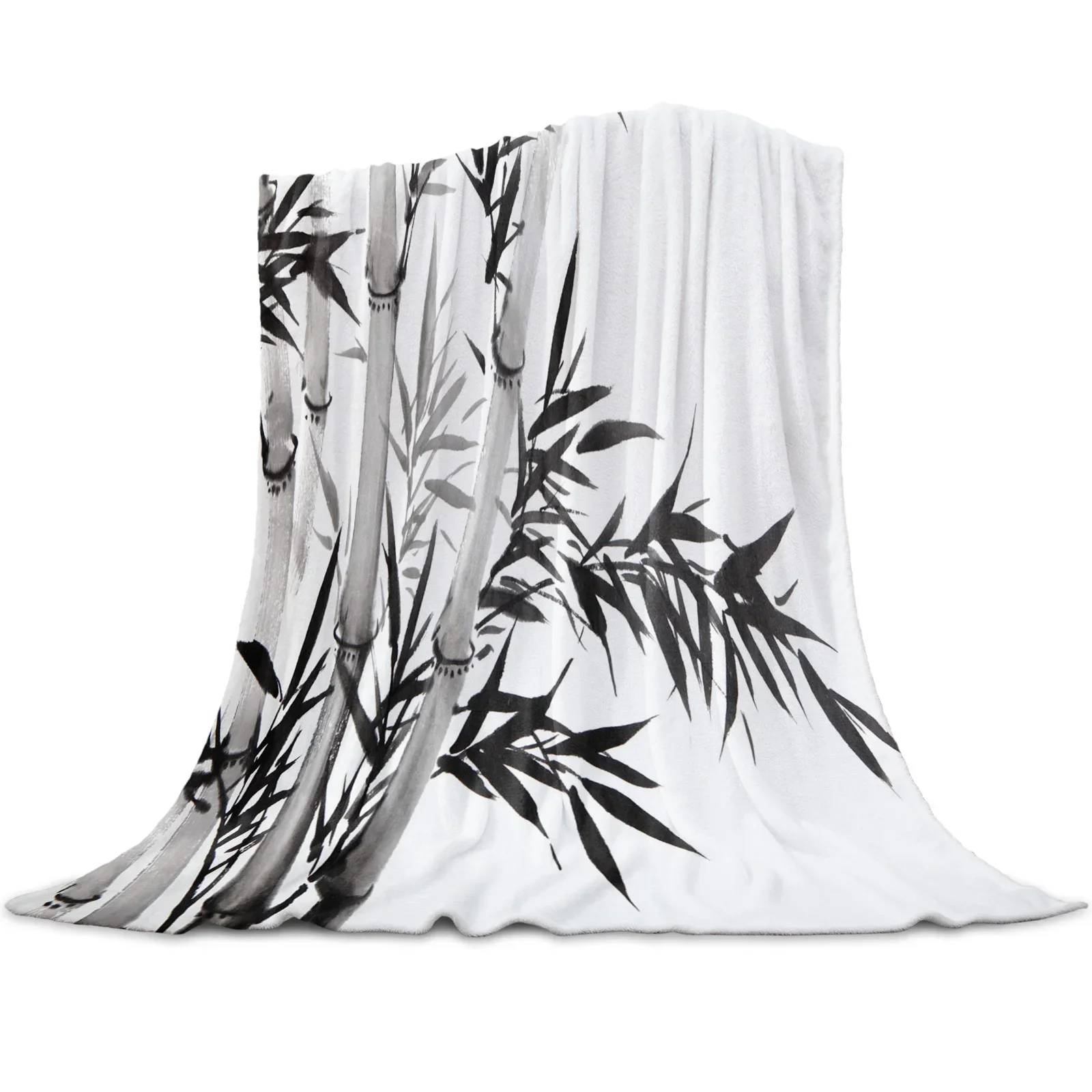 Chinese Style Green Bamboo Sun Plant Pattern Flannel Throw Blanket Soft Warm for Home Bedroom Sofa Bed Decor
