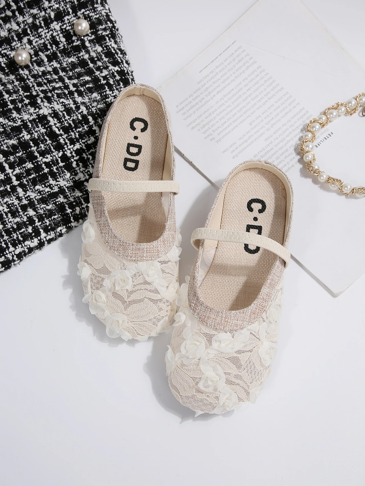 Lace Mesh Rose Hollow-Toe Half-Slide Women's Sandals 2026 New French-Style Gentle Ballet Slippers