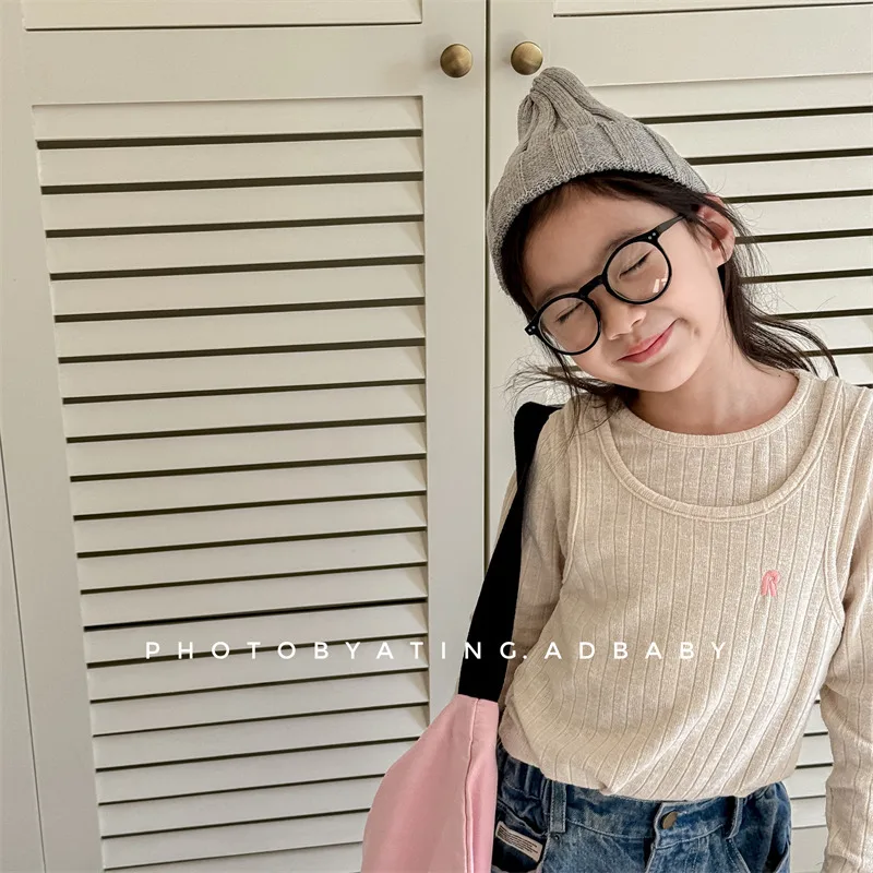 2024 Autumn New Children Fake 2pcs Long Sleeve T Shirts Baby Cotton Tops Girls Casual Bottoming Shirt Kids Versatile Knitwear