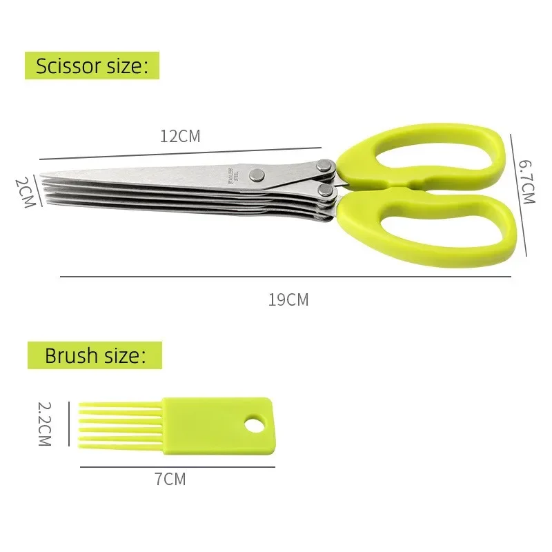 Household Stainless Steel Salad Shears 5-layer Scallion Scissors Green Comfort Handle Kitchen Tool Cooking Accessories for Home