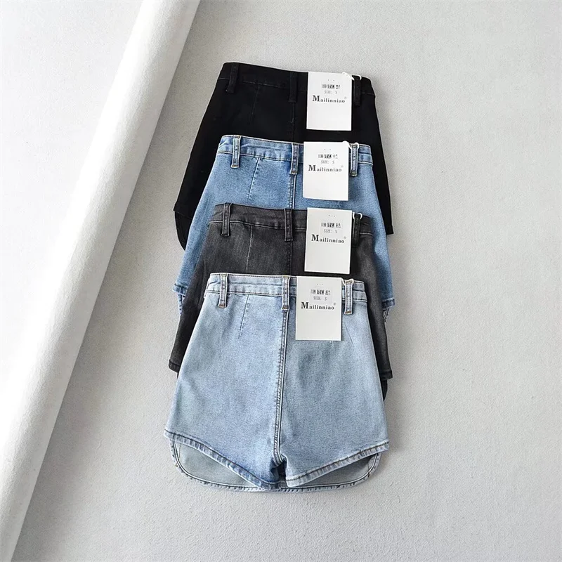 KEYANKETIAN 2024 New Launch Women's High-waisted denim culottes Pantskirt Spicy Girl Patchwork Side Zipper Slim Jeans Shorts Y2K