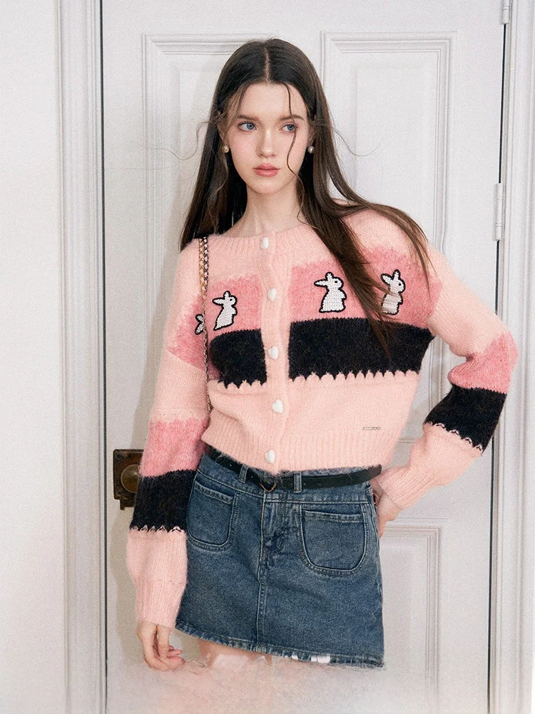 

Kroche Hand Knitted ort Svel Sweater Autumn Winter Sle Splicing Color Blo Design Sweet Sle Women's Knitted Card...