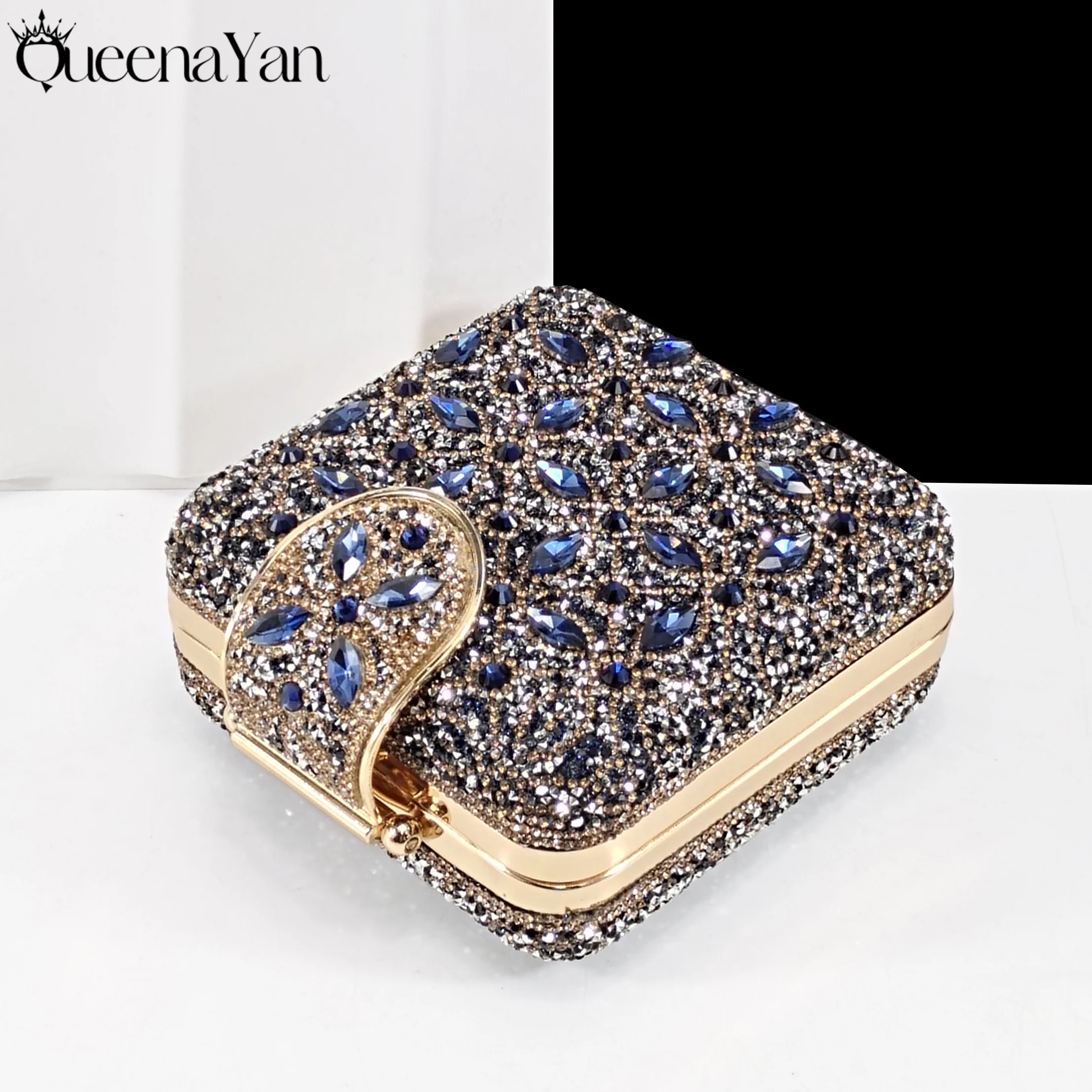 مجموعة أحذية وحقائب QueenaYan أنيقة لامعة وكعب متوسط كحلي مزينة بأحجار الراين الرائعة على شكل ألماس مثالية لحفلات الزفاف #3