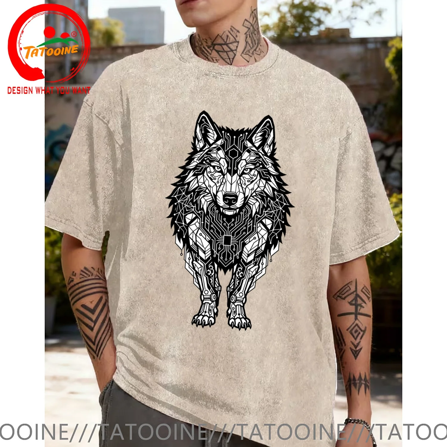 Funny Design Cyber Wolf Geometric Circuit Board  SRed Doublet Men Fashion Trendy Casual Clothing Stylish Tops Tee Shirt Leisure