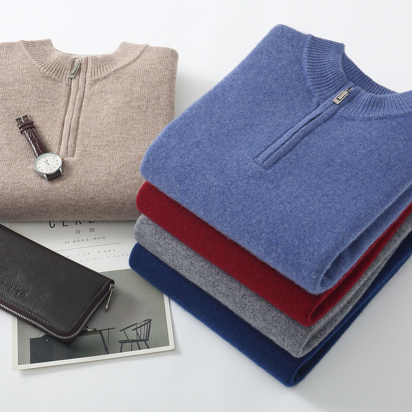 100% pure cashmere semi-high neck zipper double-strand warm and loose cashmere sweater