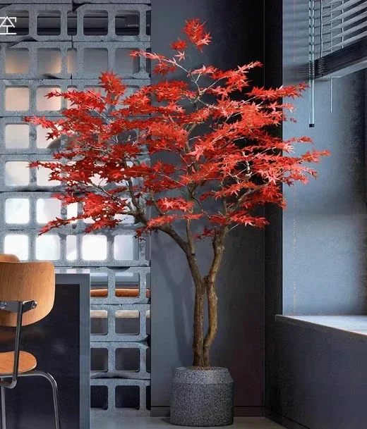 Red Maple Solid Wood Imitative Tree Indoor Floor-Standing Decorations Fake Trees Hallway Hotel Lobby Zen Ornament