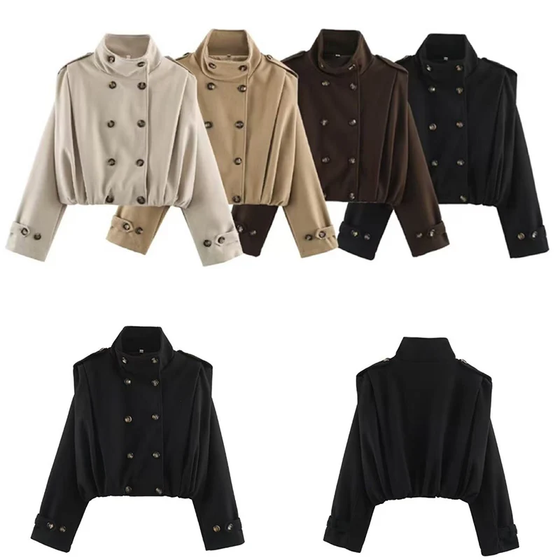 Guobioziy Women Cropped Wool Coat Stand Collar Double Breasted Short Jacket High Waist Match Elegant Office Lady Fall Winter