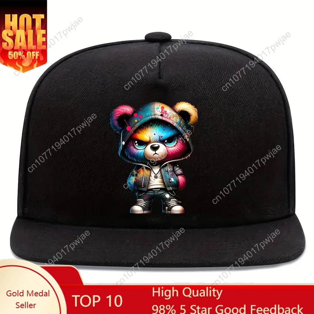 

Angry Bear Print Adjustable Baseball Cap, Street Style Hip-Hop Hat, Polyester, Lightweight