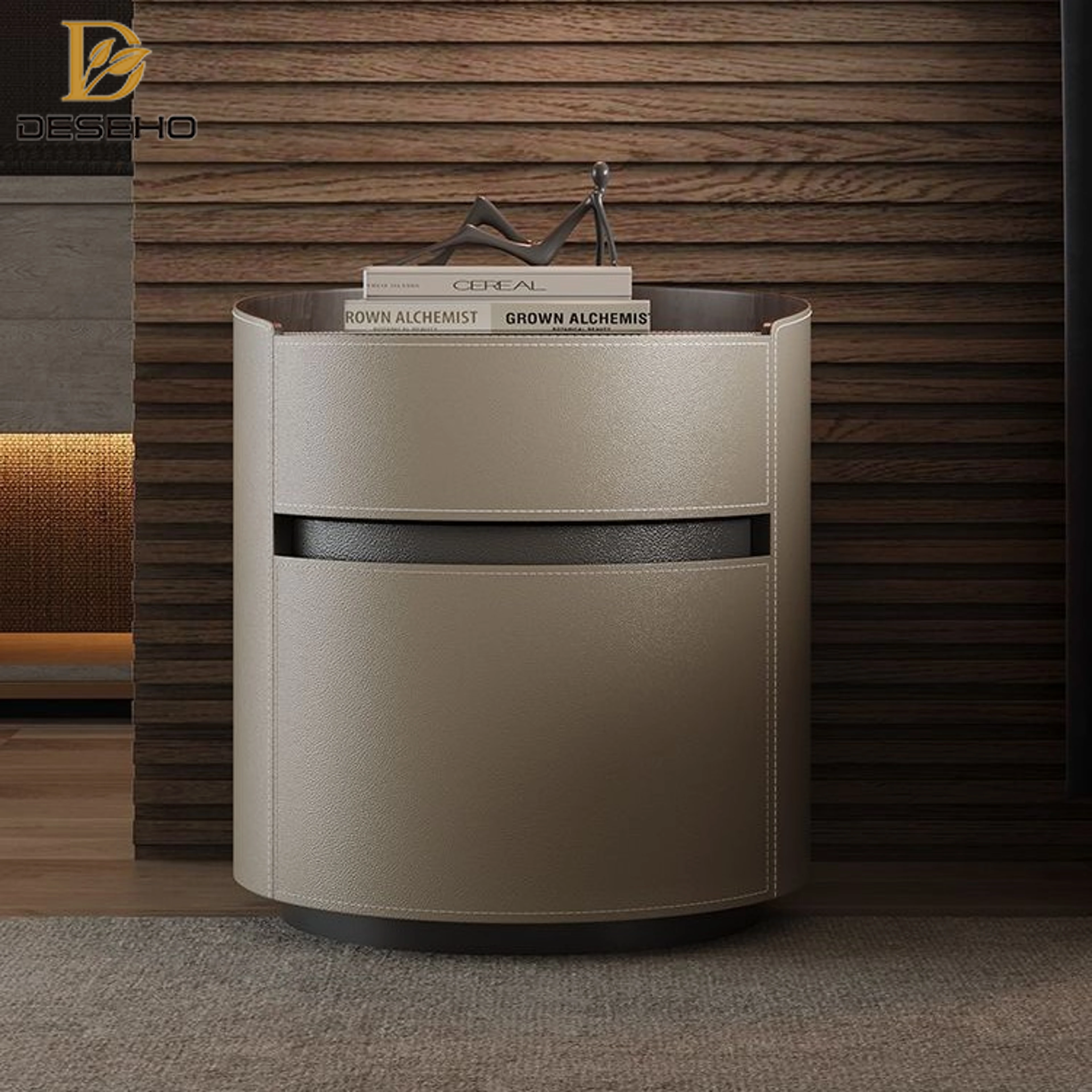 

Italian Designer Bedside Table in Minimalist Style Luxury Modern Saddle Leather Storage with Solid Wood Bedroom Furniture