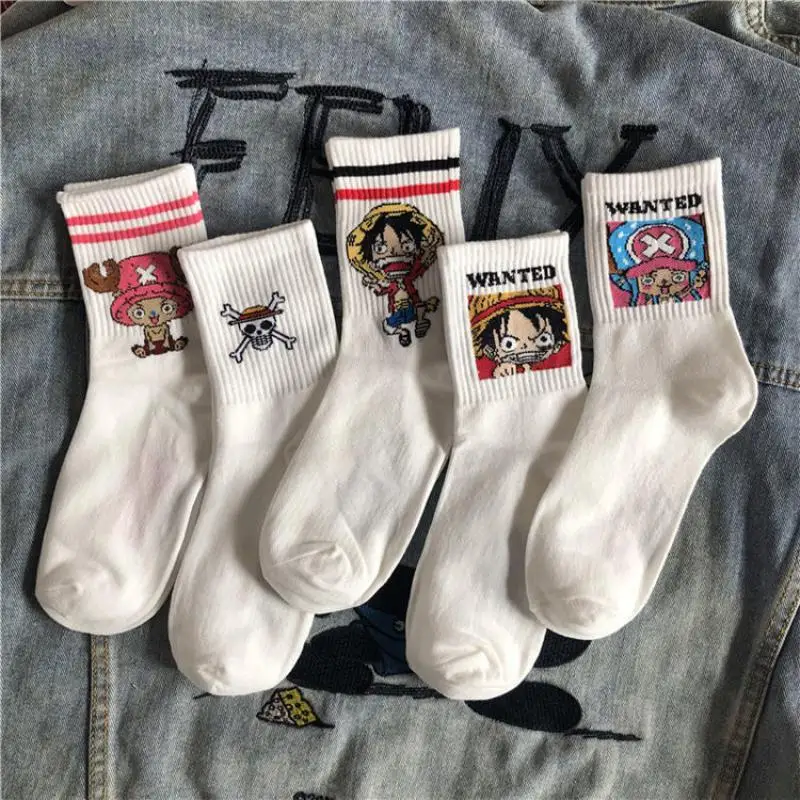 

5 Pairs One Piece Luffy Tony Chopper Girl Sock Cotton Mid-Calf Socks Cartoon Cute Japanese Style Stripe Socks Anime Gift Toy