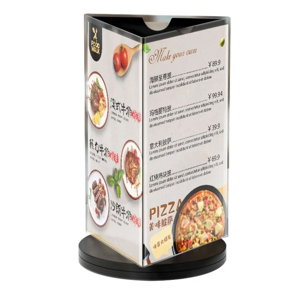 360 Degree Rotating Menu Sign Holder Smooth swivel Three Side Acrylic Table Number Holder Reusable Waterproof