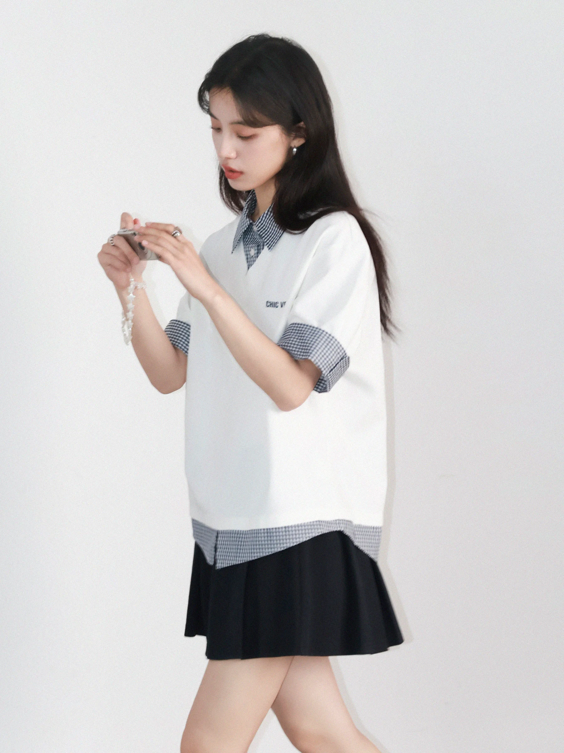 CHIC VEN Women T-Shirts Loose Casual Contrast Checkered Short Sleeved Female Tees Patchwork Polo Shirt Spring Summer 2025