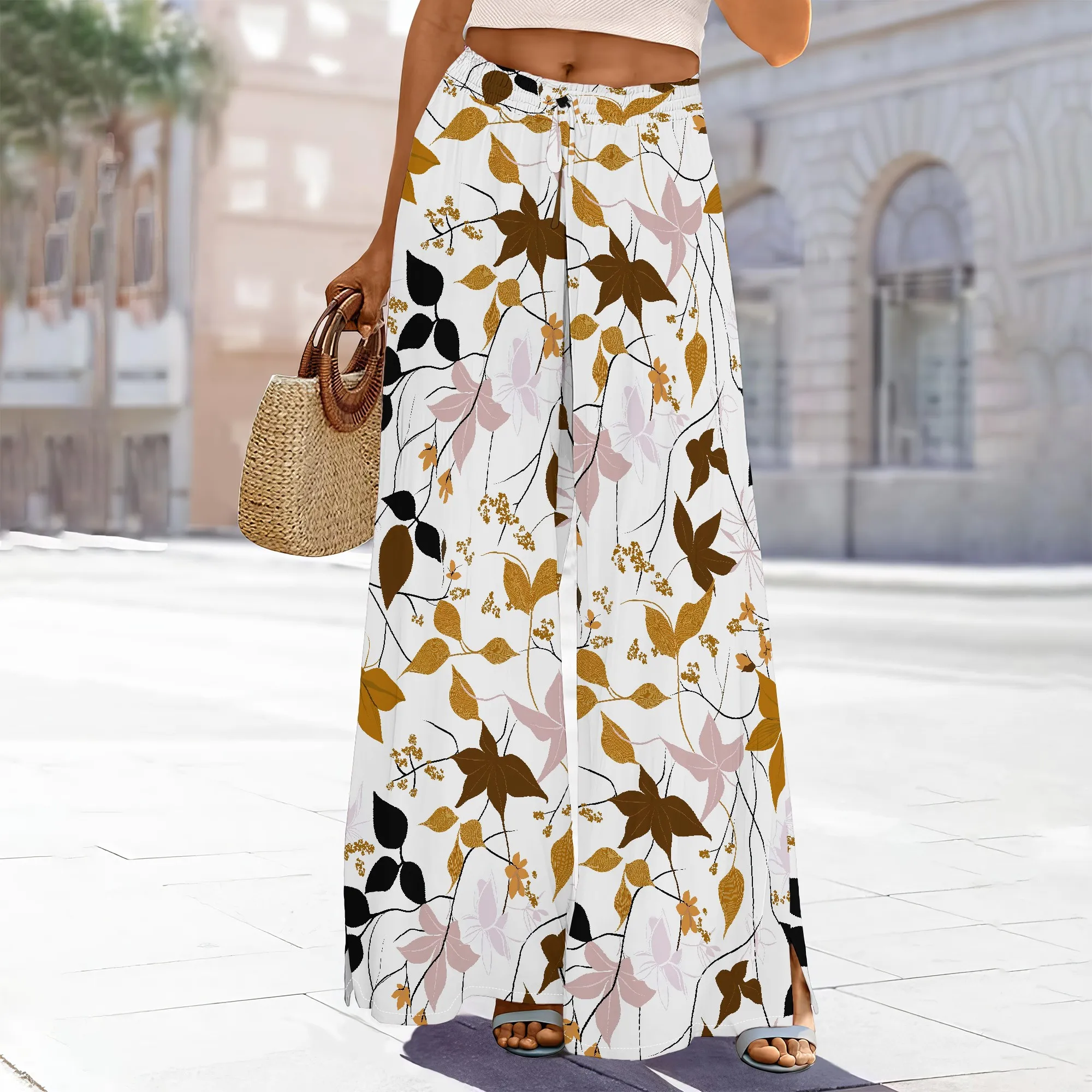 

Women's High-Waisted Indigo Floral Print Wide-Leg Pants Elastic Waist Pockets Slit Polyester Evening Deep