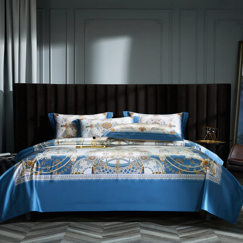 Blue Egyptian Cotton Bedding Sets Luxury Retro Style Digital Printing Quilt/Duvet Cover Set Bed Sheet Pillowcases Home Textile