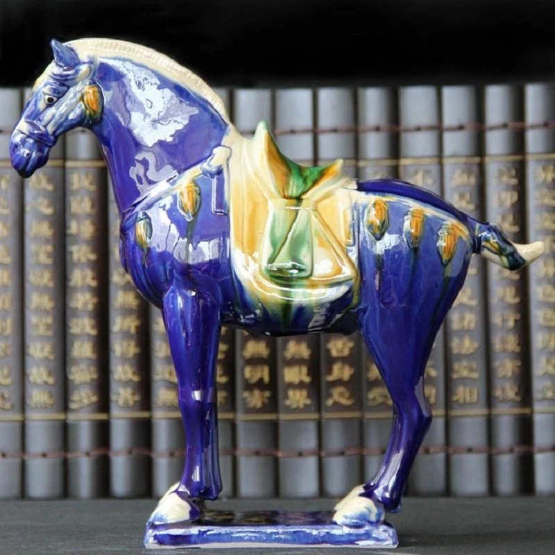 21cmTang Sancai Blue Glazed War Horse Ancient Porcelain Unearthed in Imitation Museum Antique Horse Decoration