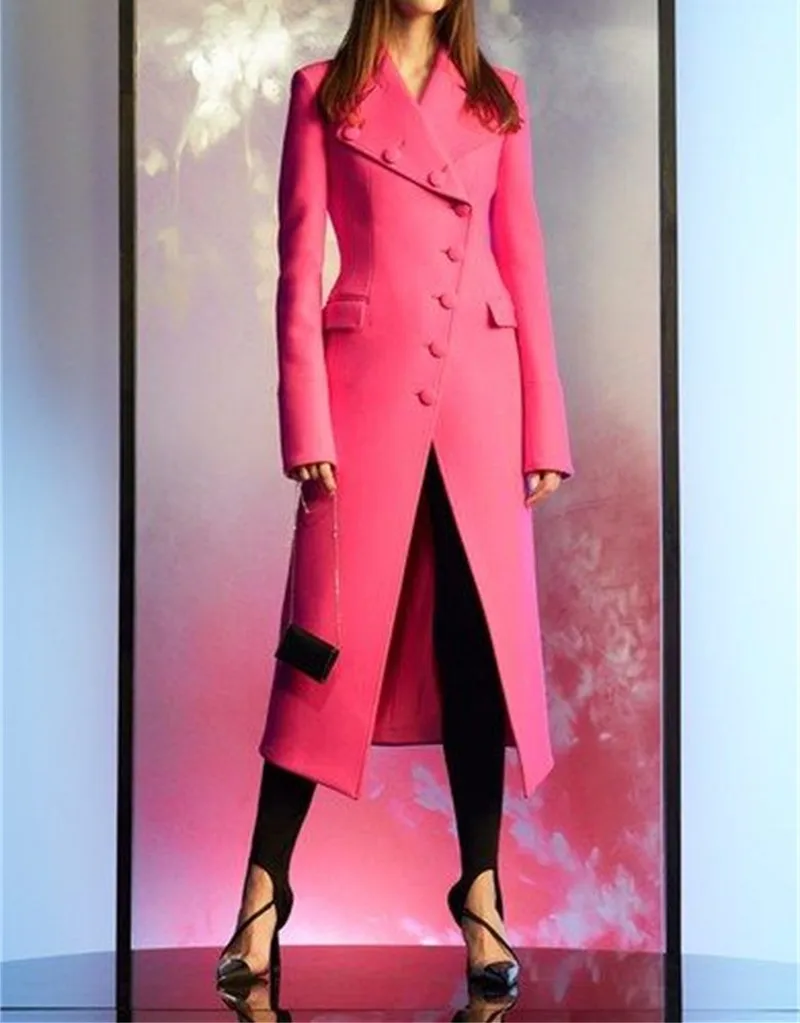 

Designer Pink Long Overcoat Jacket Women Suits Blazer Wool Cashmere Winter Thick Custom Made Tie Waist Coat Female Outfit