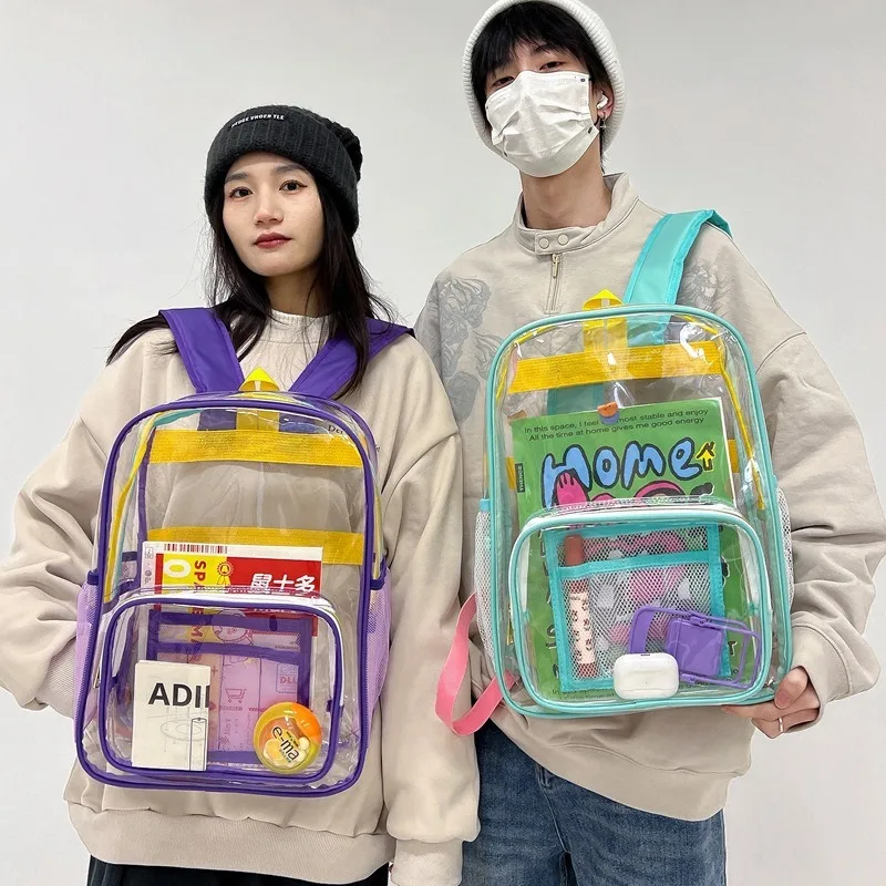 Colour-Block Transparent PVC Backpack Korean Trendy Student Schoolbag Colourful Daypack Outdoor Waterproof Beach Travel Rucksack