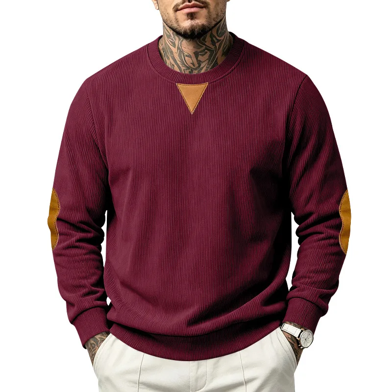Men Waffle Vertical Rib Crew Neck Sweatshirt Triangle & Elbow Faux Leather Patch Long Sleeve Casual Top