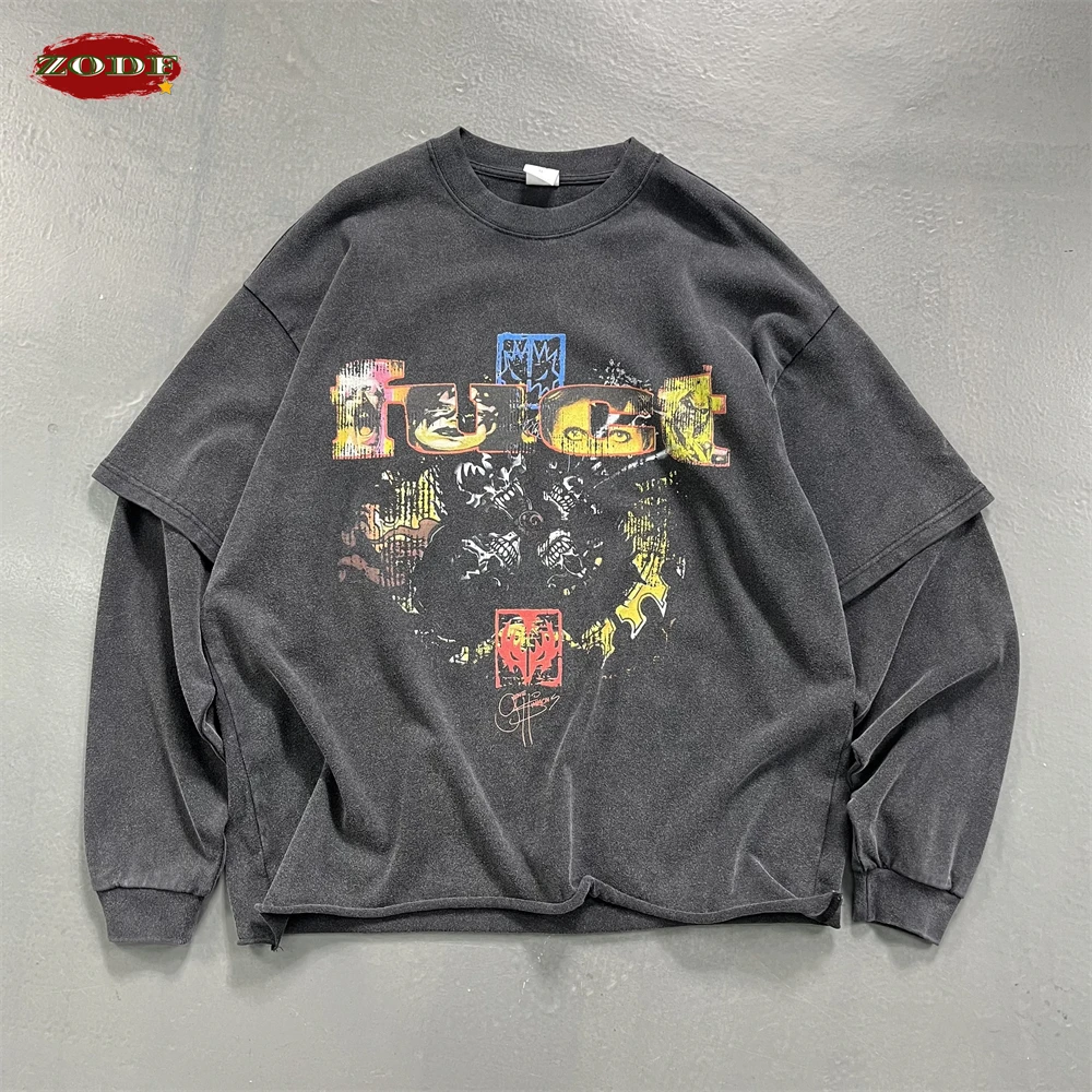 ZODF Retro 2025 Autumn Men 345gsm Washed Full Sleeve T-Shirts Unisex Heavy Weight Punk Style Printing Cotton T Shirt HY0012