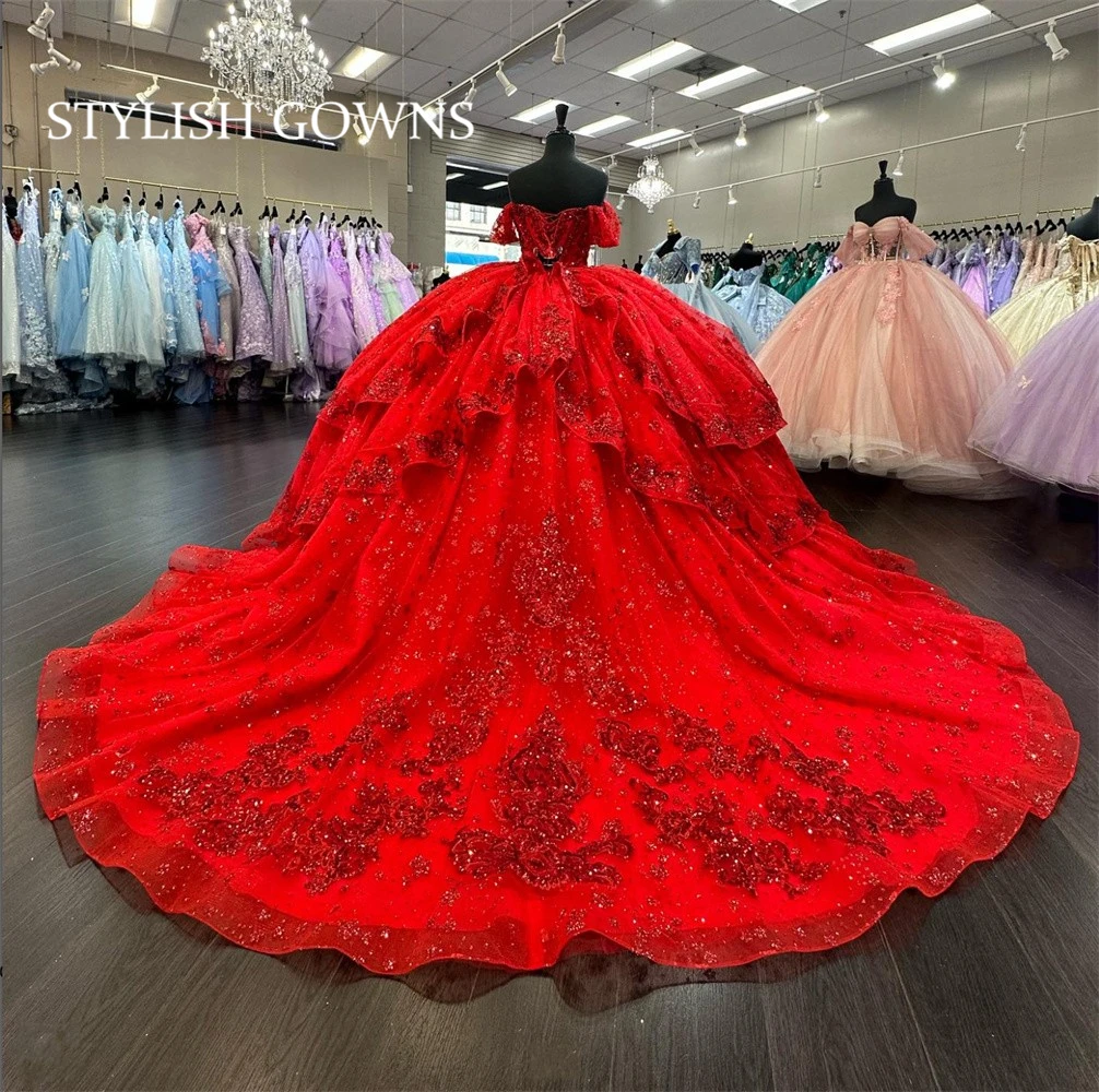 

Мексиканское красное платье с открытыми плечами, бальное платье принцессы с бусинами и аппликацией в несколько рядов для милой вечеринки в честь Дня рождения 16