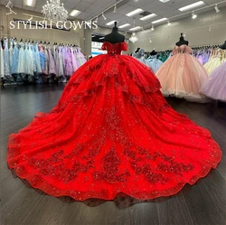 Robe de Quinceanera rouge du Mexique à plusieurs niveaux, appliques perlées, robe de Rhde princesse pour Sweet 16, fête d'anniversaire personnalisée