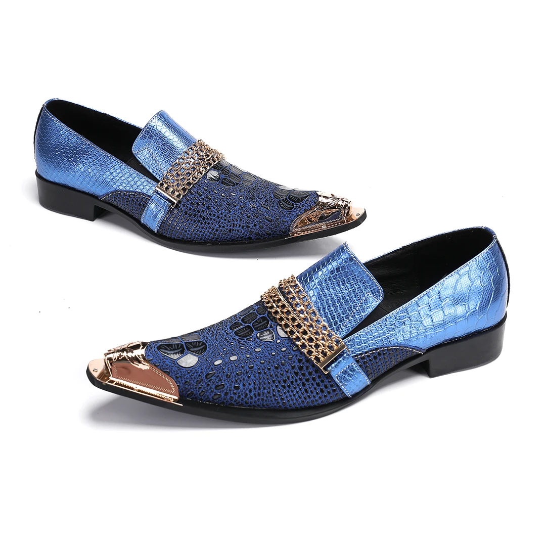 British Metal Pointed Toe Chains Men Genuine Leather Formal Dress Shoes Plus Size Male Slip on Business Party Brogue Shoes