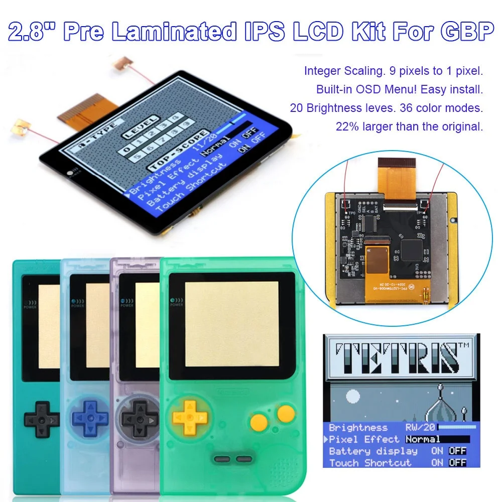 

2,8-дюймовый ламинированный большей IPS-экран, ЖК-дисплей, Integer Scaling, встроенный экран OSD для GBP Game Boy, карманный ретро-пиксельный экран, комплекты с корпусом