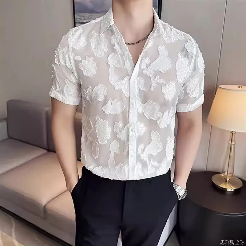 

Мужская летняя рубашка с коротким рукавом из сетчатого шелка с вырезами и цветочным узором