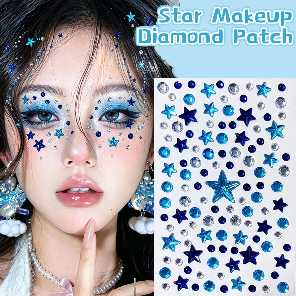 1/2/3Sheets 3D Blue Star Rhinestone Face Gems Stickers Self-Adhesive Shiny Crystal Eye & Face Star Jewel Decals DIY Face Decor