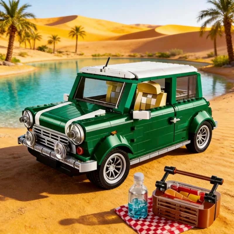 

1077 Pieces of new green car MINI Cooper MK VII RV model van building block model adult birthday Christmas gift