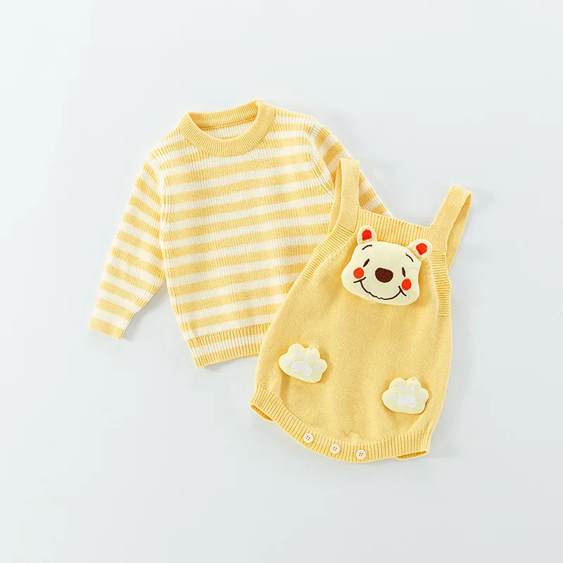 Autumn Baby Girl 2PCS Clothes Set Striped Pit Striped Elastic Hem Sweater Cartoon Rabbit Knitted Romper Suit Infant Girl Outfits